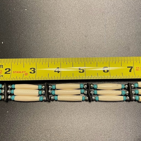 Buffalo Bone Native American Tribal Choker Beaded Turquoise Pewter Necklace VTG - Picture 11 of 16